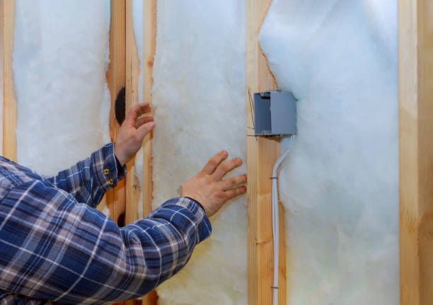 A man in a plaid shirt is installing insulation on a wall.