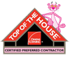 A pink panther is sitting on top of a top of the house certified preferred contractor logo.