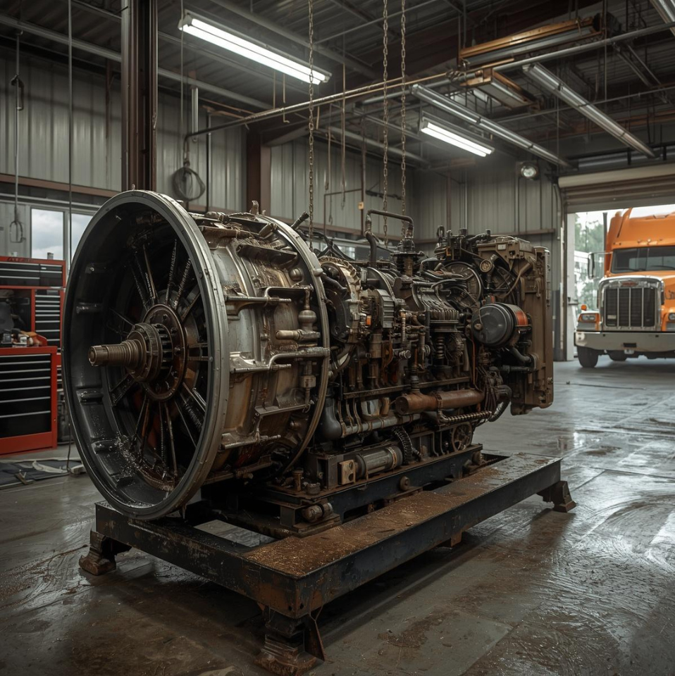 Large, rusty industrial engine on a platform inside a repair garage, with a truck visible in the background.