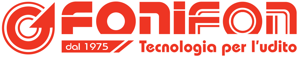 GFonio logo in red and orange with “dal 1975” and “Tecnologia per l’udito” text