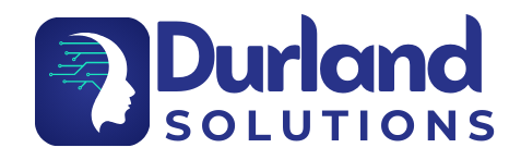 Logo for Durland Solutions, blue with a brain icon and text.