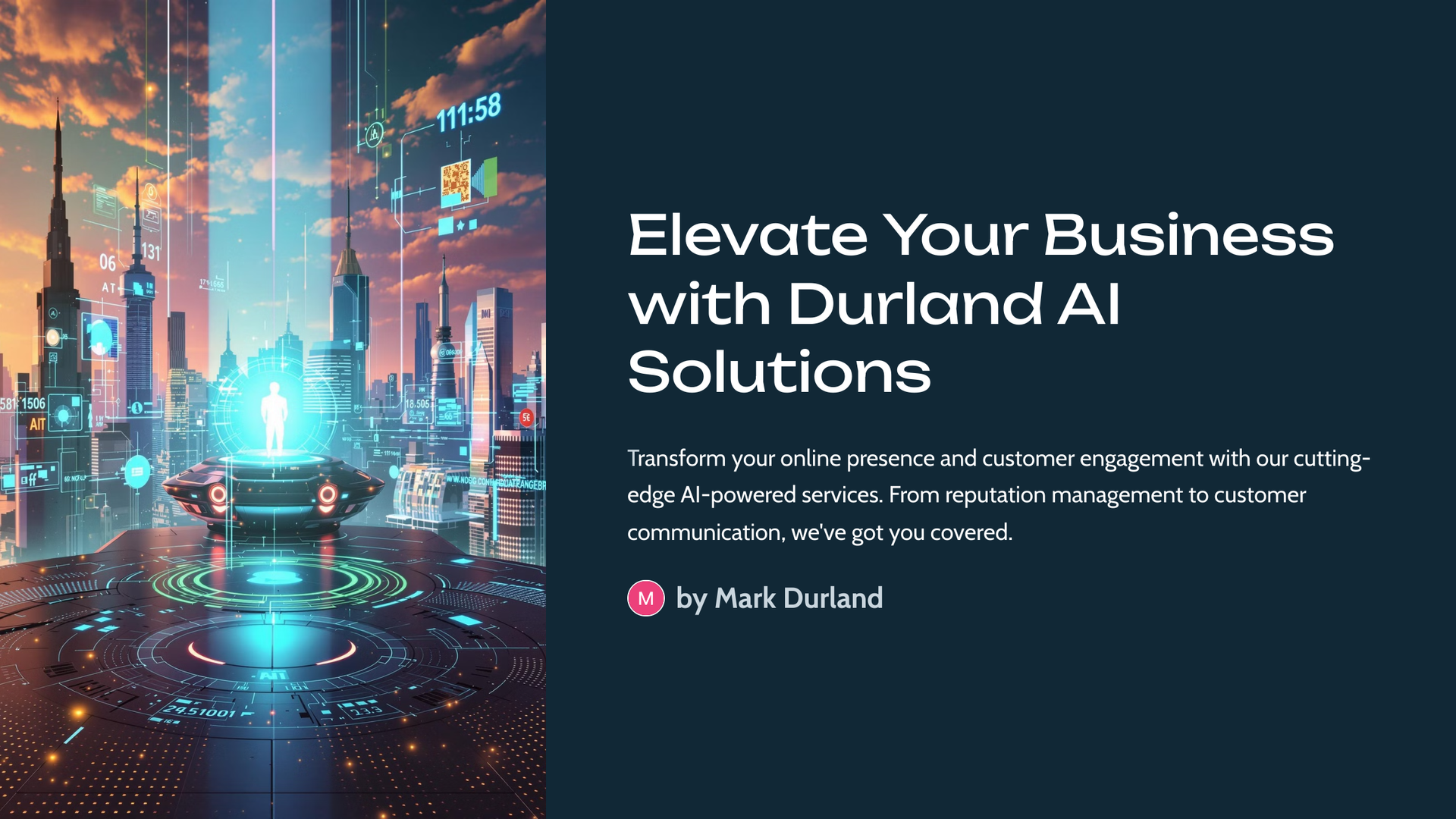 Futuristic cityscape with text promoting Durland AI solutions.