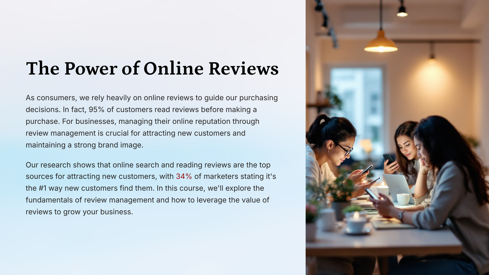 Three women at a cafe table using tablets. Text: 