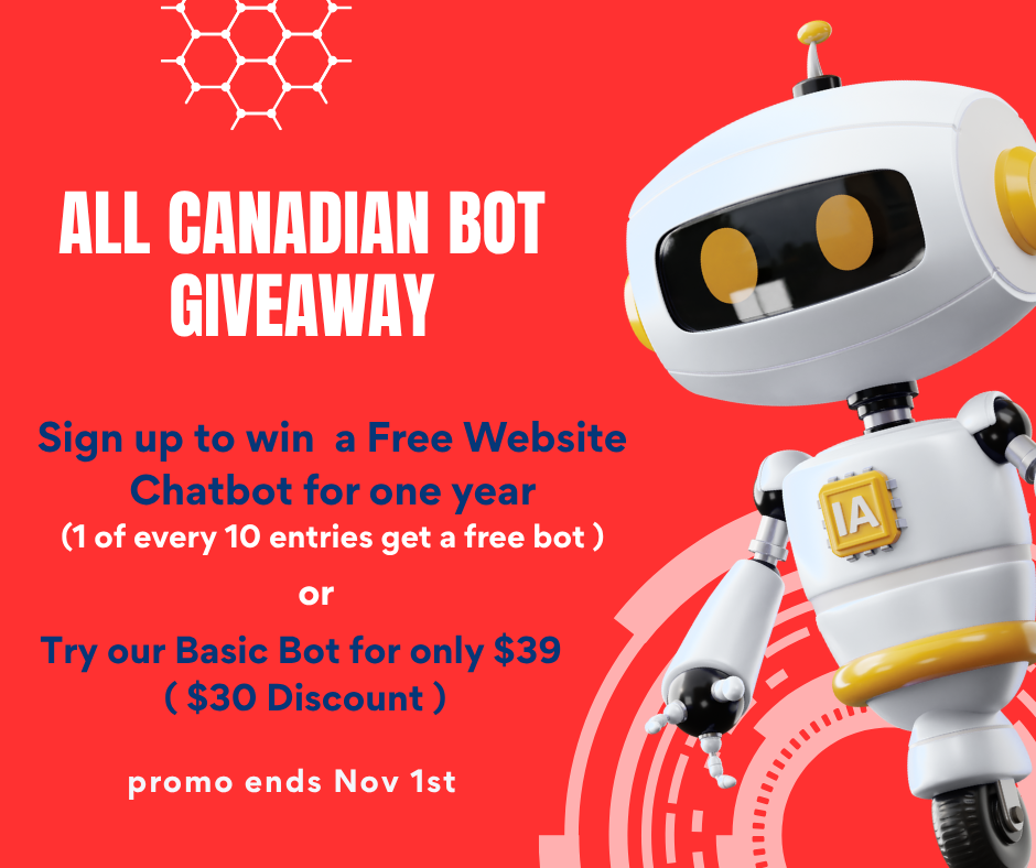 Red promotional graphic: robot promoting a website chatbot giveaway. Text offers a free bot or a discounted basic bot.