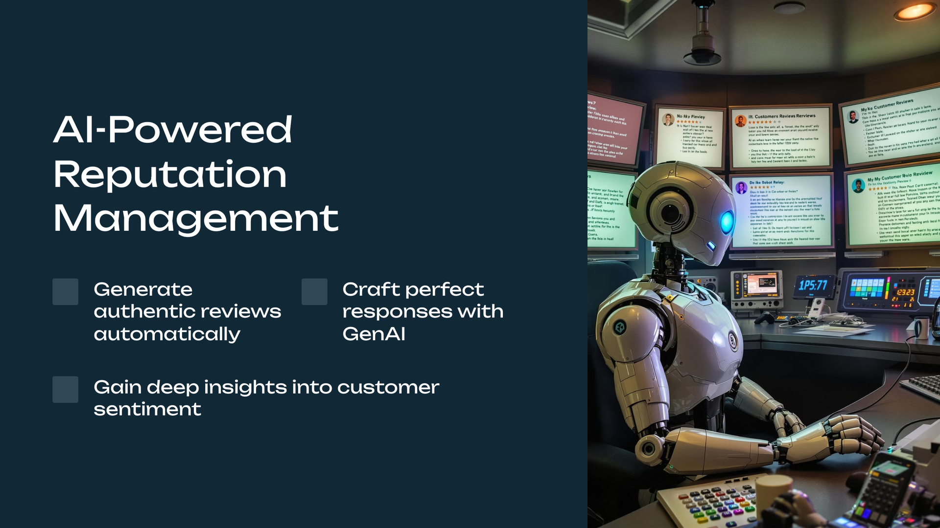AI-powered reputation management graphic with a robot at a control panel. Text highlights automated reviews and customer insights.