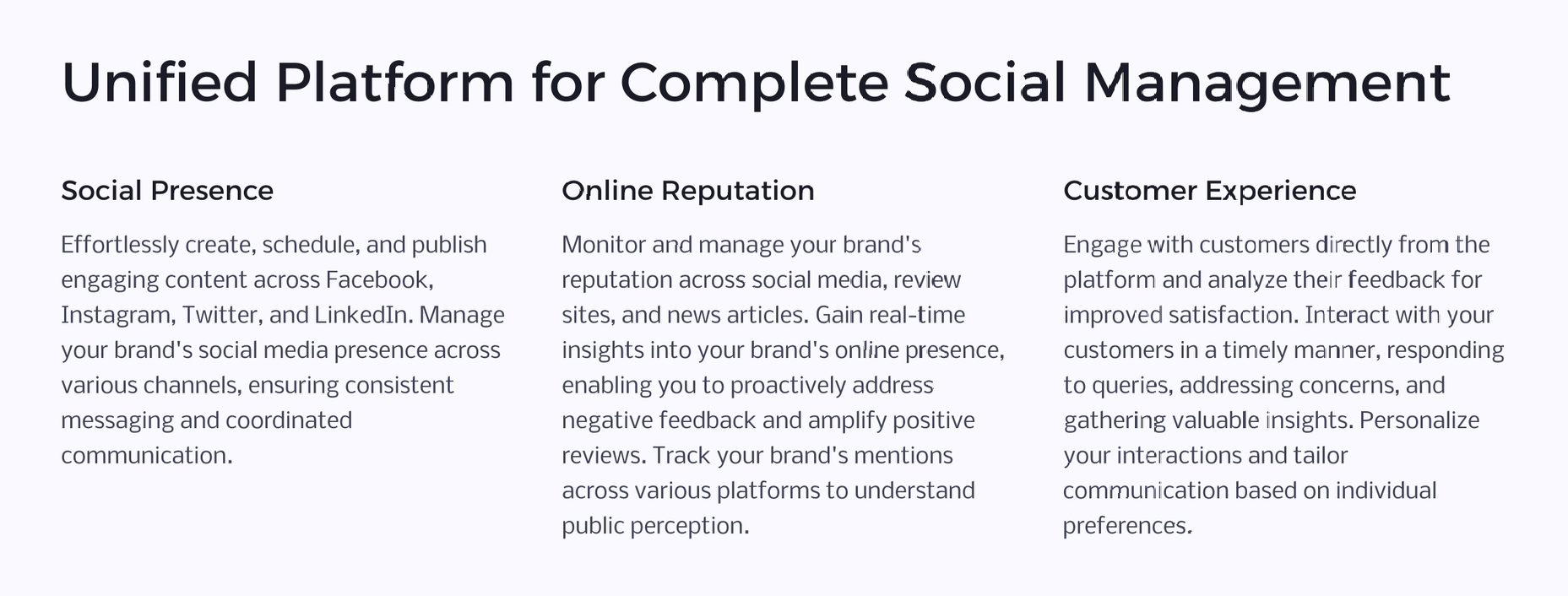 A white paper with the words unified platform for complete social management on it