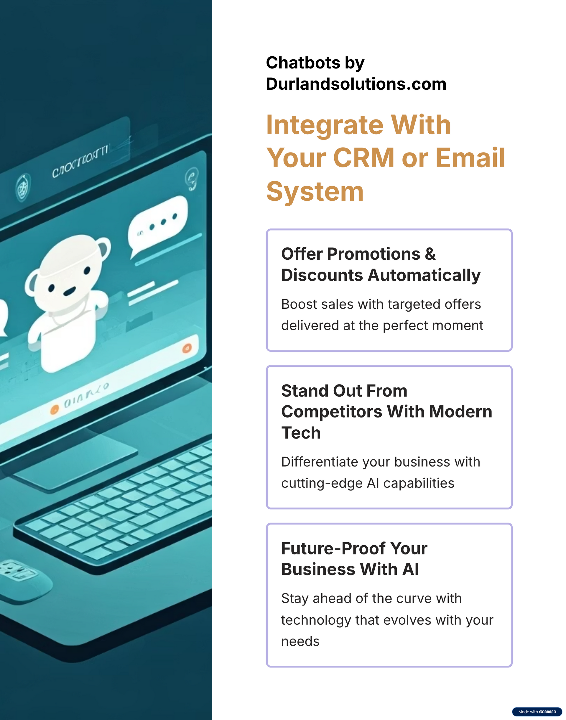 Advertisement for chatbots, integrates with CRM or email system. Text includes
