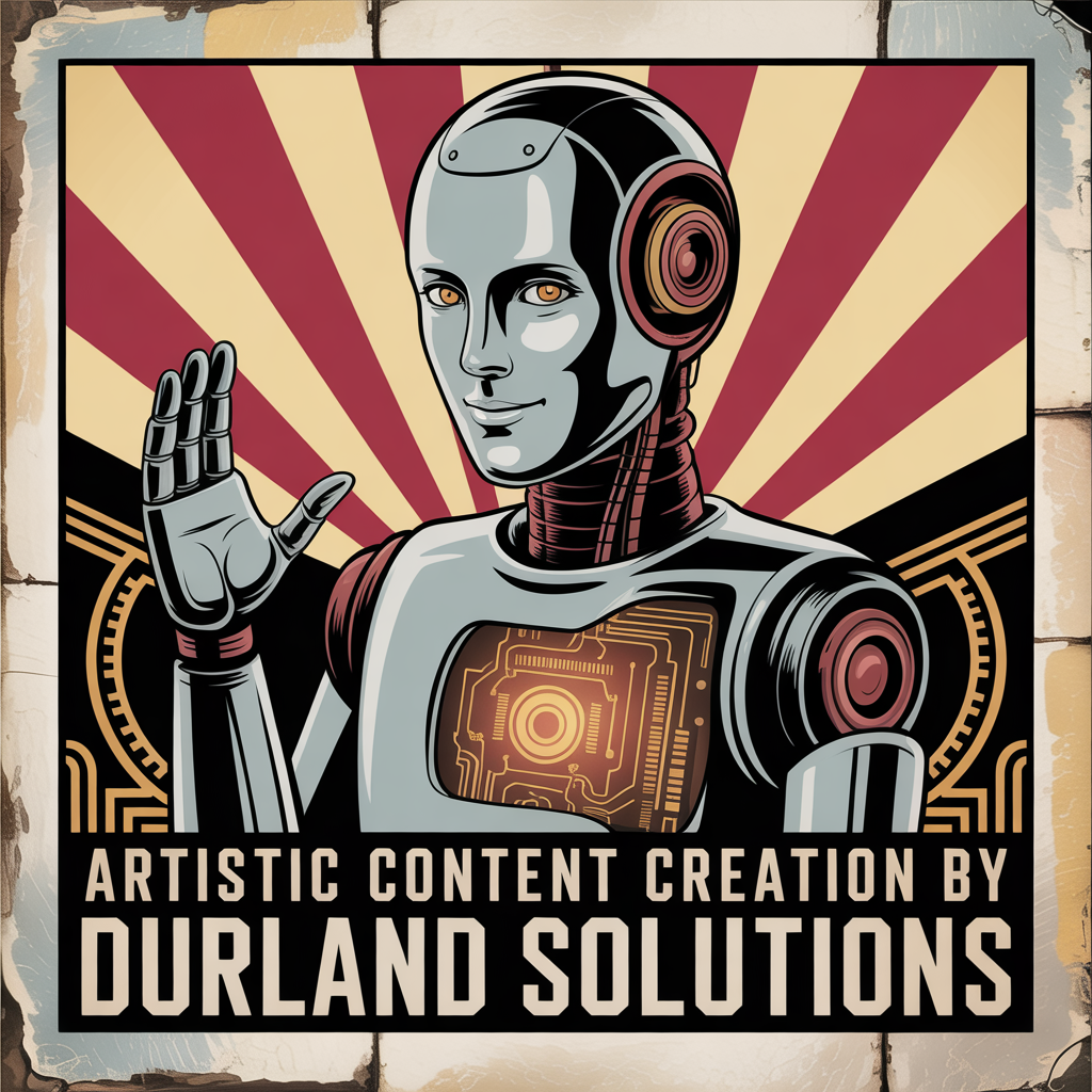 Art Deco robot raising hand, radiating chest light, against red/tan beams.