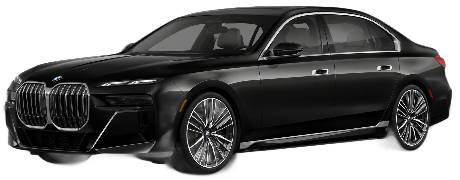 Black Mercedes-Benz sedan with a silver grill and wheels, angled slightly to the left.