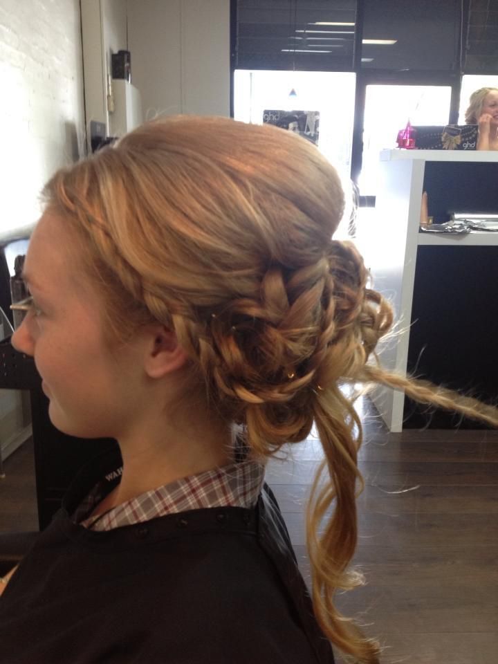 Woman With Blonde Braided Updo Hairstyle in a Salon, Side View — Lavish Hair in Shepparton, VIC
