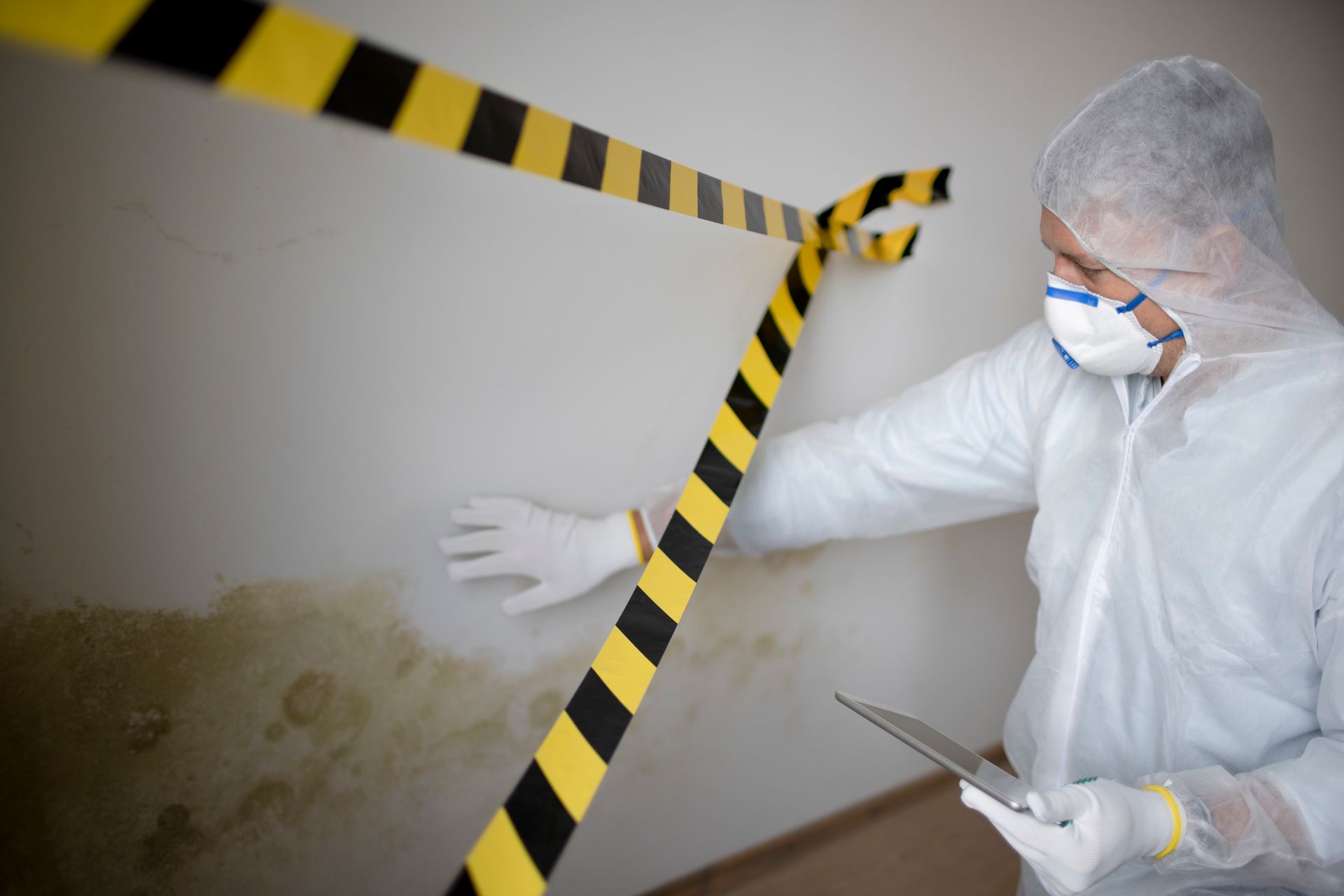 A man with a white protective suit stands in front of mold on a wall.