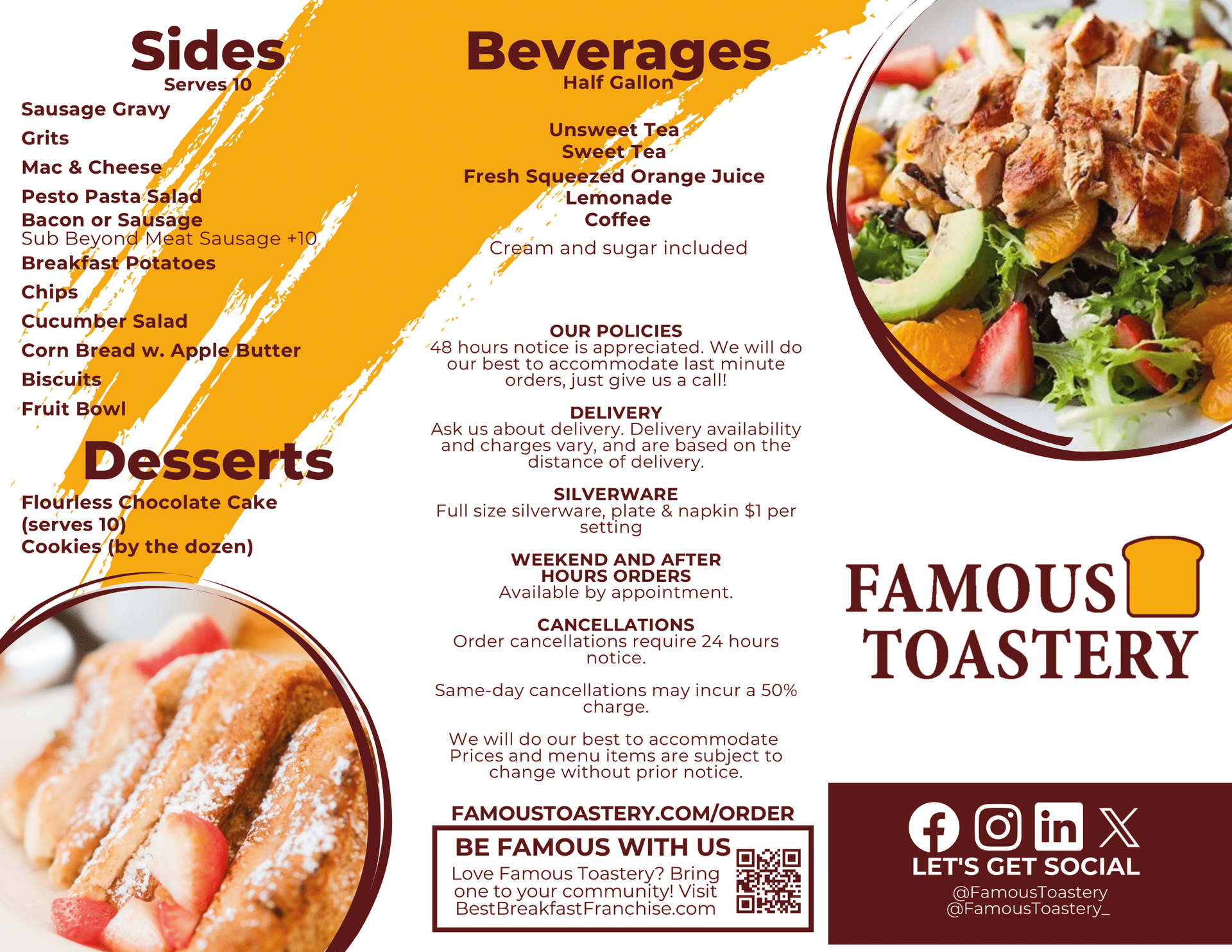 A menu for famous toastery has a picture of a sandwich and a salad on it