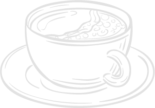 A black and white drawing of a cup of coffee on a saucer.