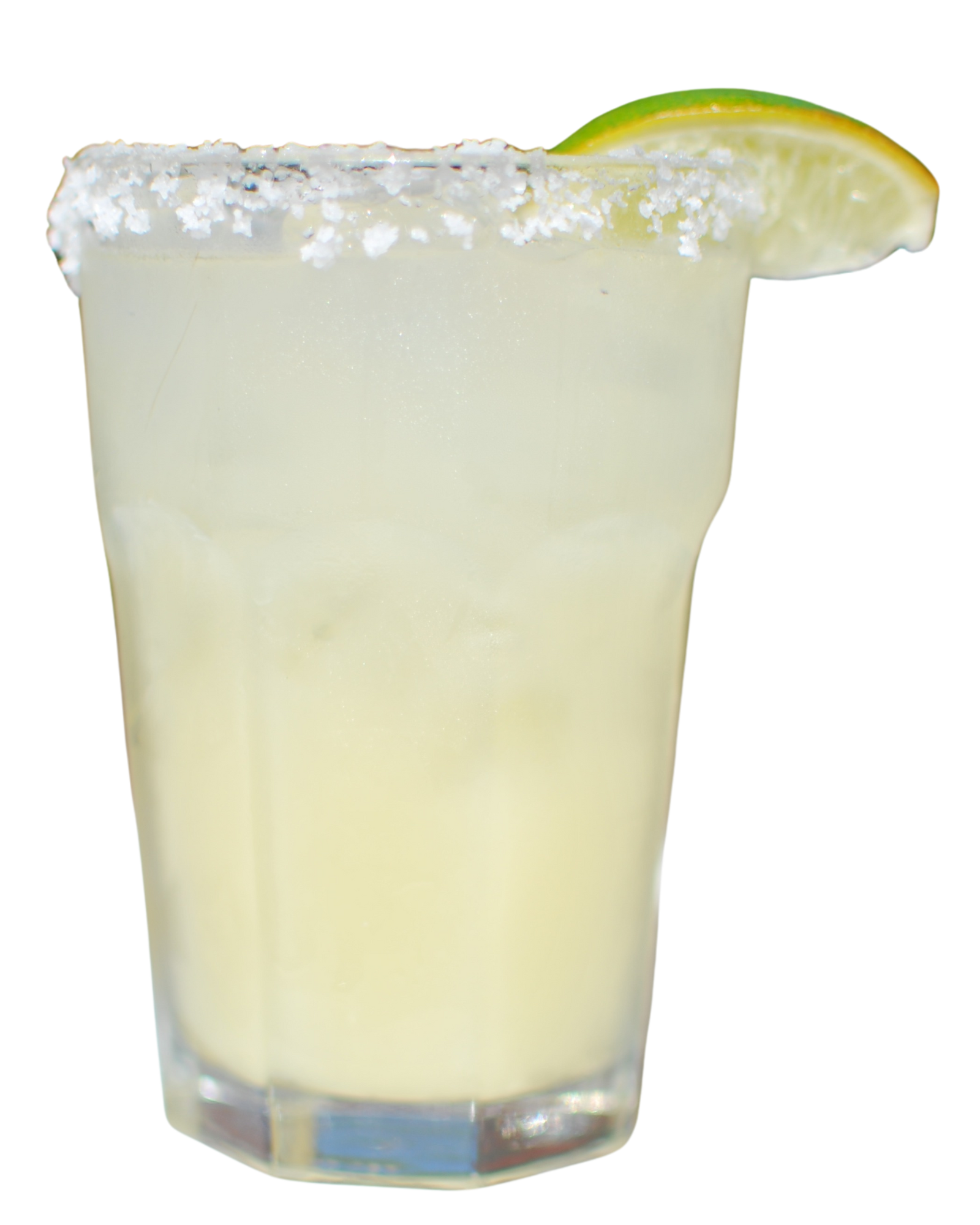 A glass of margarita with a slice of lime on the rim.