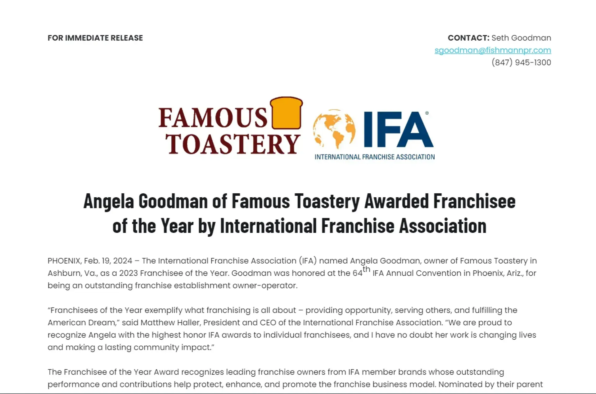 Angela goodman of famous toastery awarded franchisee of the year by international franchise association