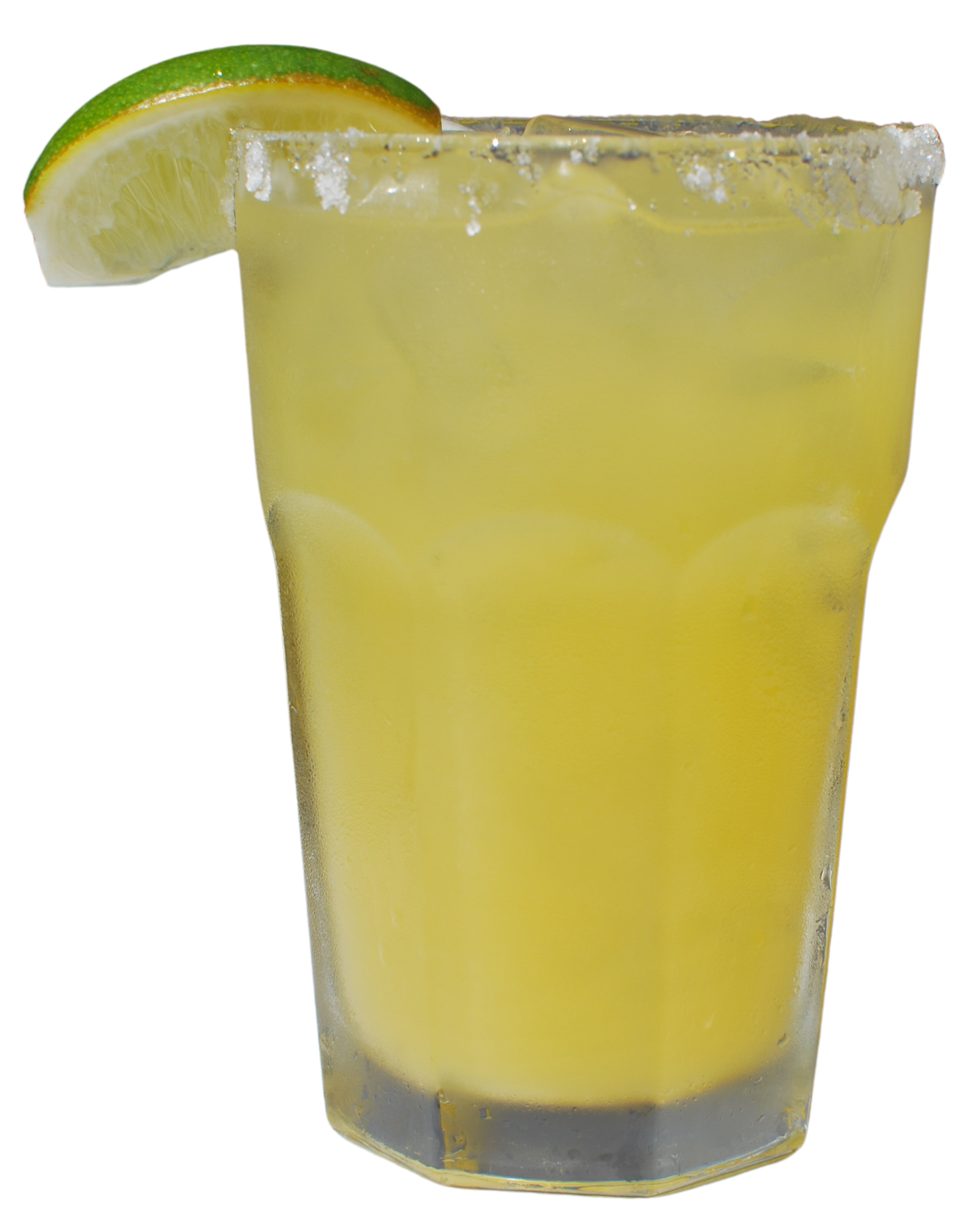 A glass of margarita with a slice of lime on the rim.