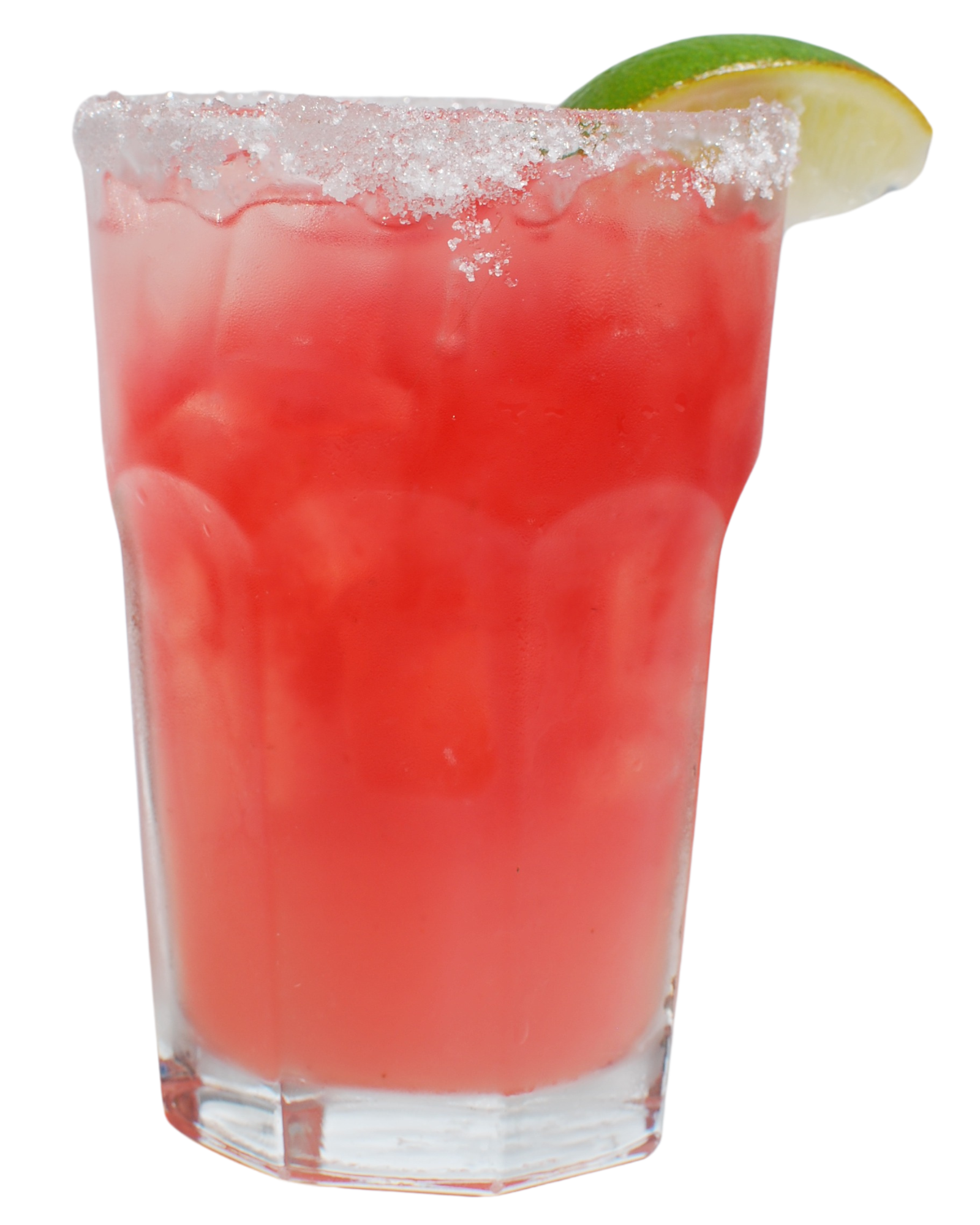 A glass of watermelon margarita with ice and a lime wedge on a white background.