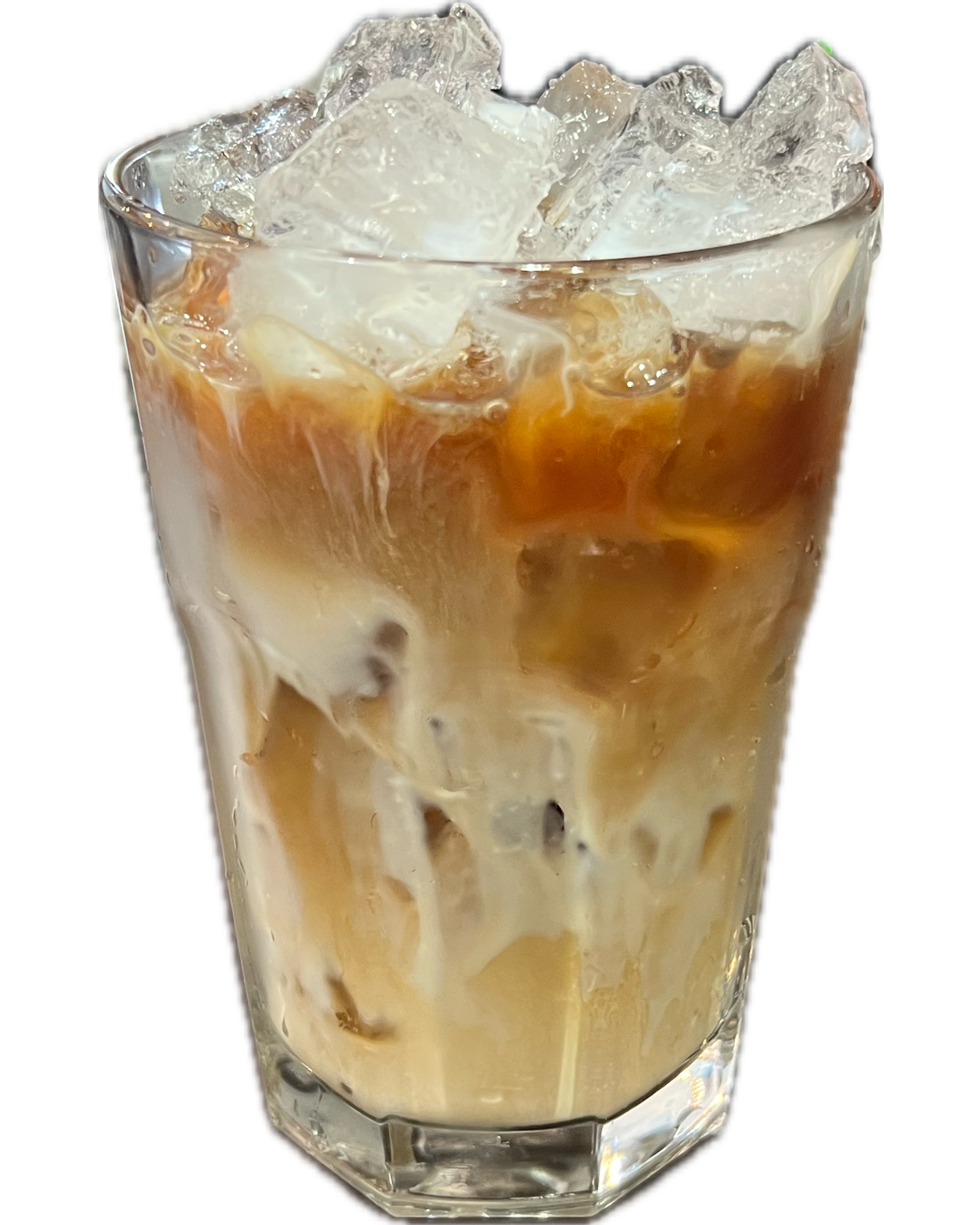 A glass of iced coffee with ice cubes on a white background.