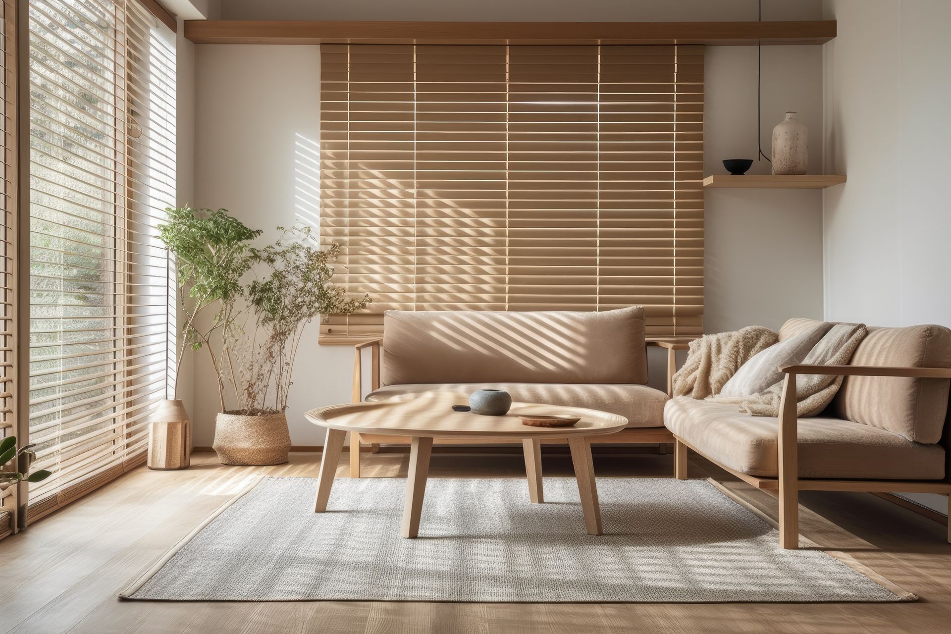 Organic Modern Living Room with Beige Sofa, Wood Blinds, and House Plants