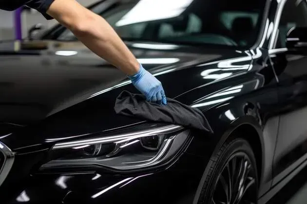 Person wearing blue gloves wiping down a black car's hood with a black cloth.