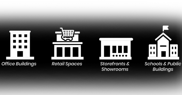 Icons representing office buildings, retail spaces, storefronts, and schools/public buildings.
