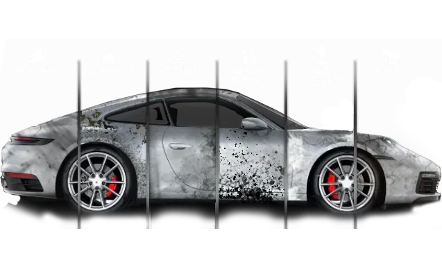 Gray Porsche car with dirty, weathered finish, segmented by vertical lines.