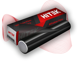 Black roll of HITEK window film next to a box with the logo and product information.