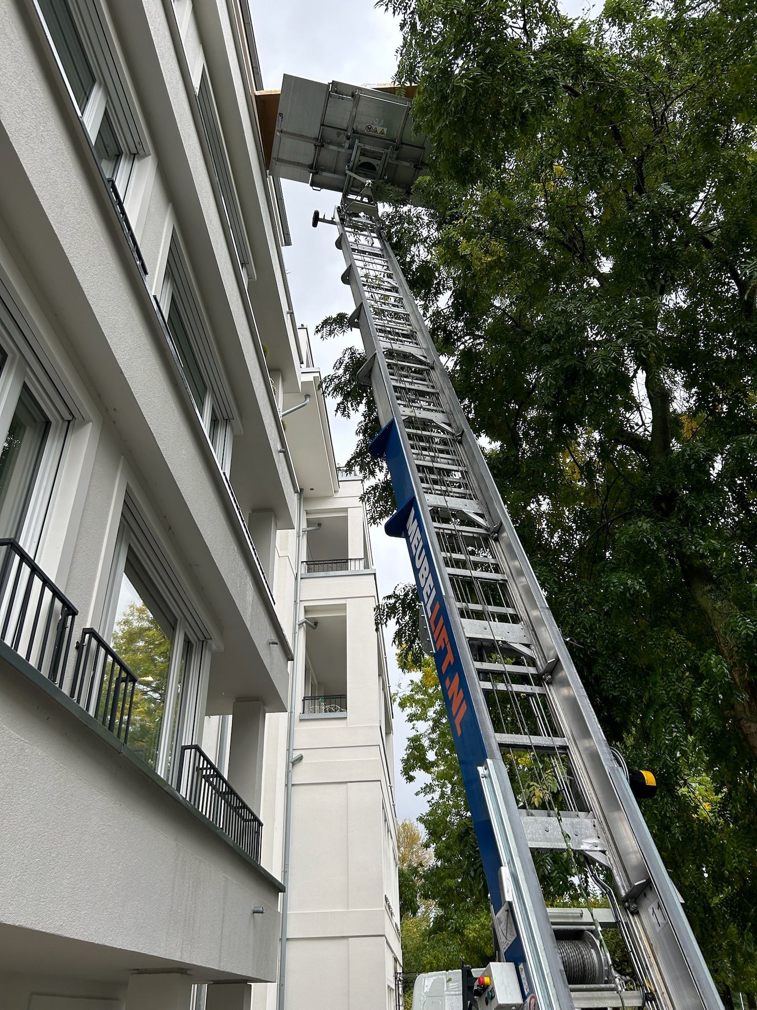 Er staat een grote ladder bovenop een gebouw.