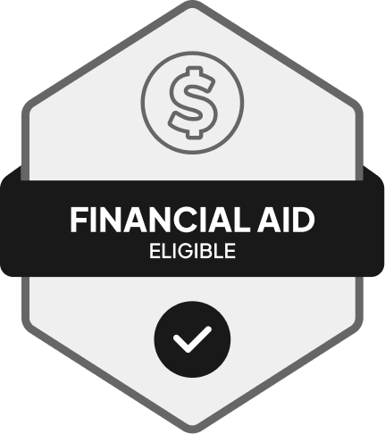 Badge: Financial Aid Eligible, blue banner, building icon, dollar sign.