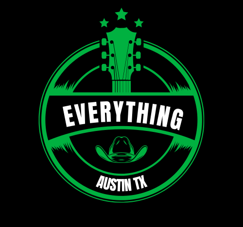 Green and black Everything Austin TX logo with guitar, stars, and cowboy hat.