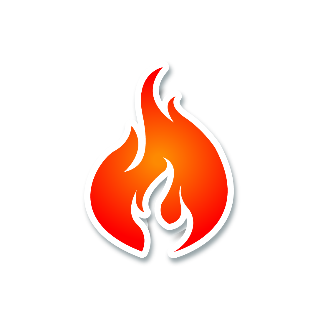 A red flame with a white outline on a white background