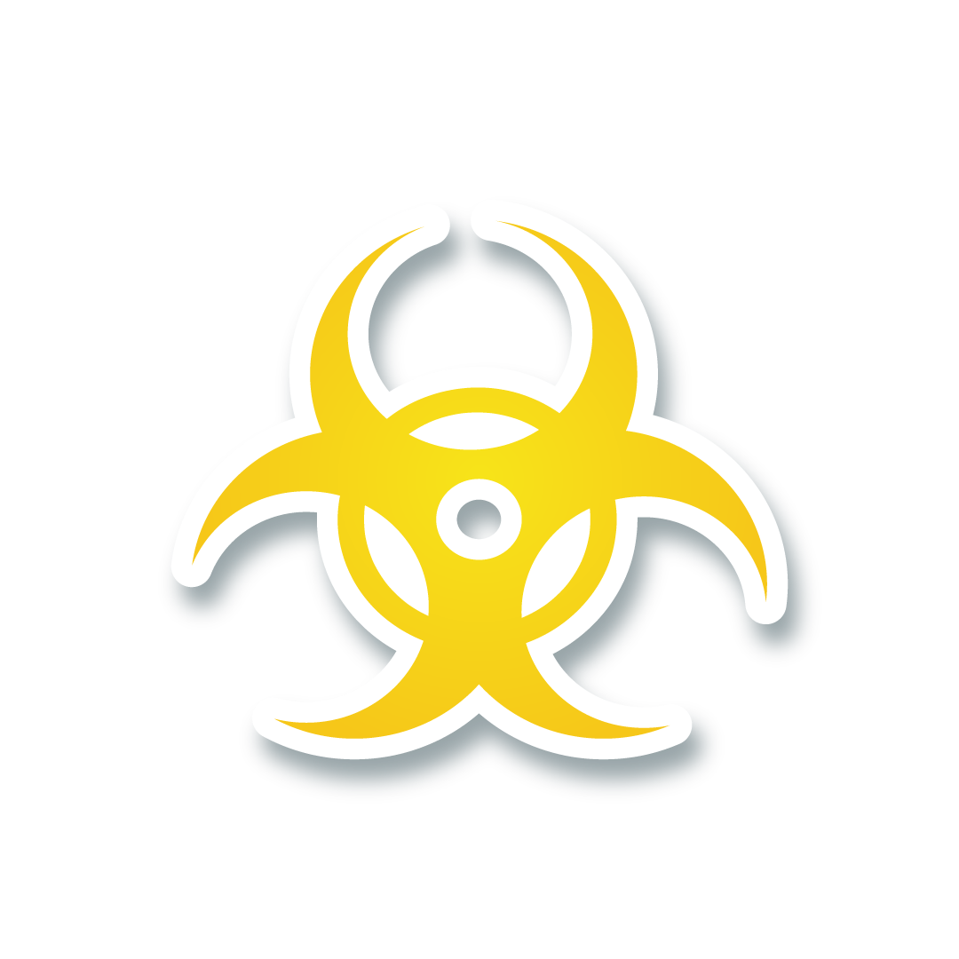 A yellow biohazard symbol on a white background