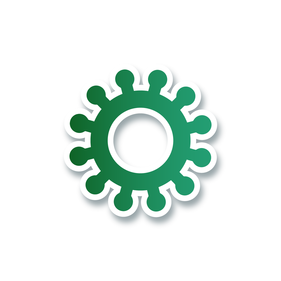 A green gear with a white outline on a white background