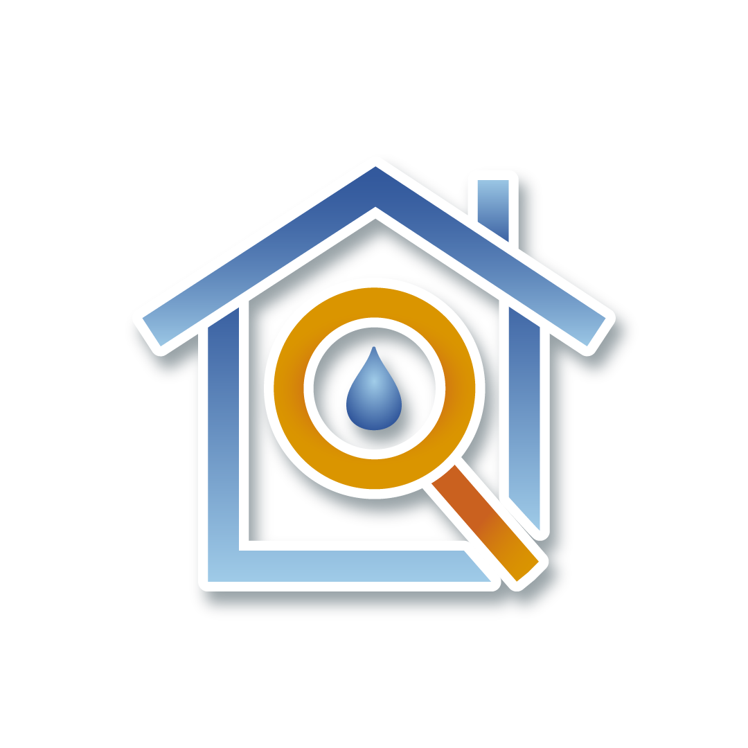 An icon of a house with a magnifying glass and a drop of water in the middle.