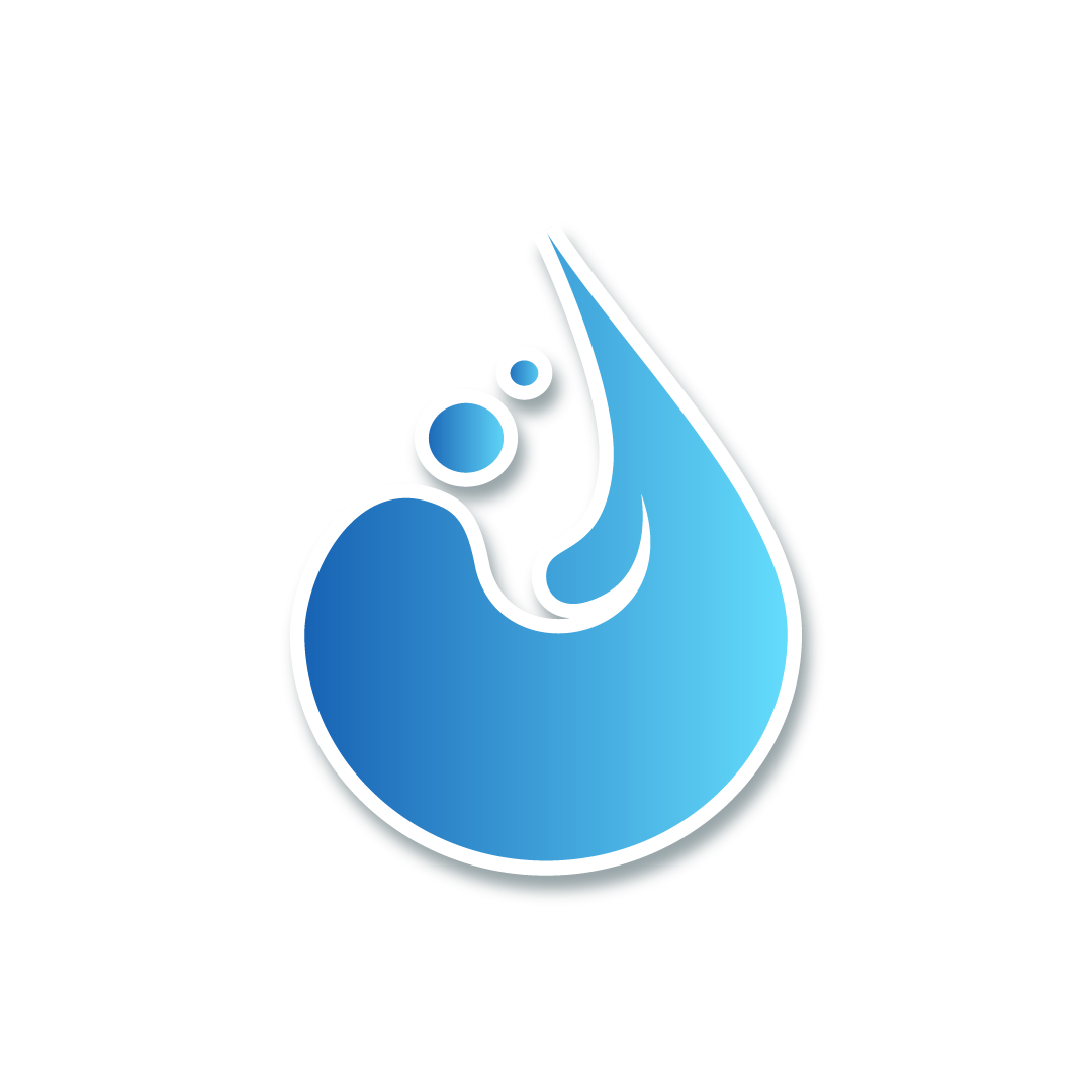 A blue water drop with bubbles coming out of it on a white background.