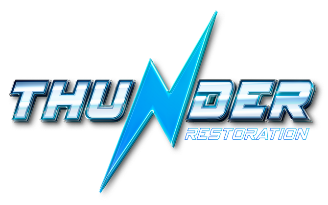 The logo for thunder restoration has a lightning bolt in the middle.