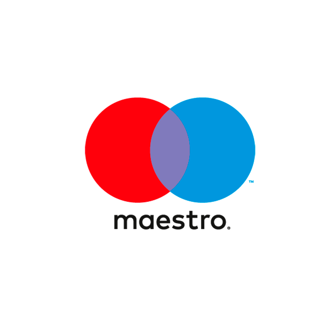 A red and blue maestro logo on a white background