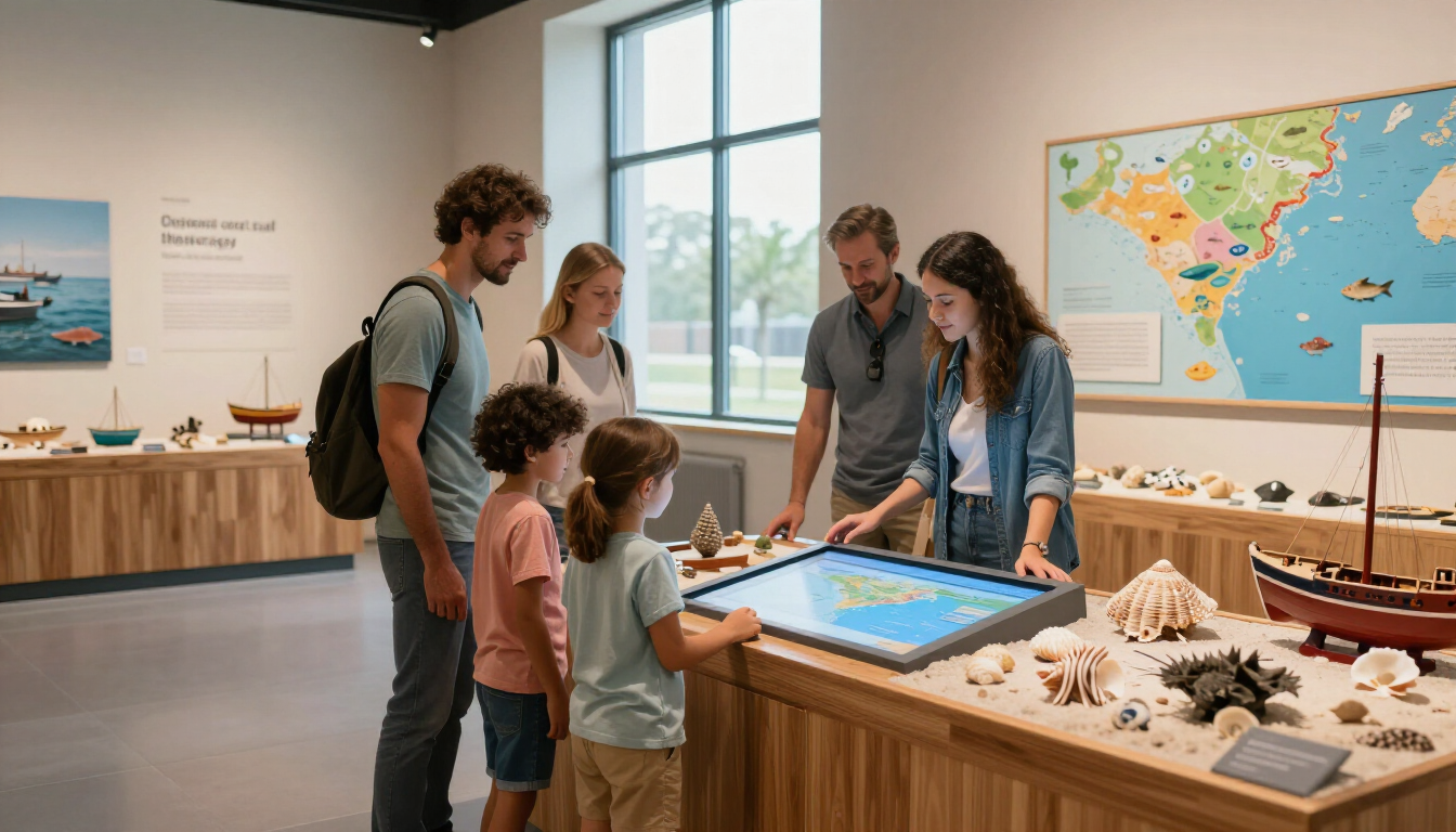 People gathered around a glowing map display in a museum exhibit, with model ships and shells nearby.