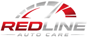 Redline Auto Care logo with red and gray stylized gauge design
