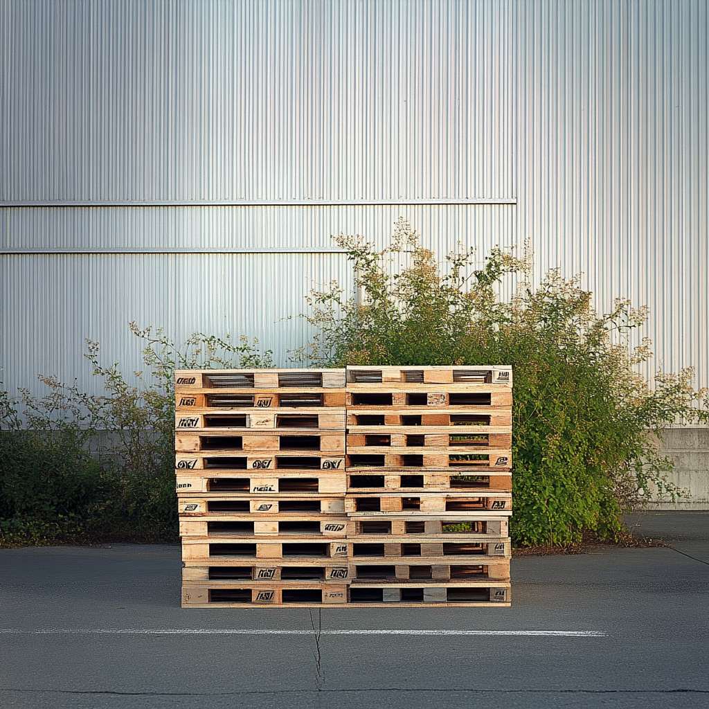 A stack of wooden pallets in front of a metal wall