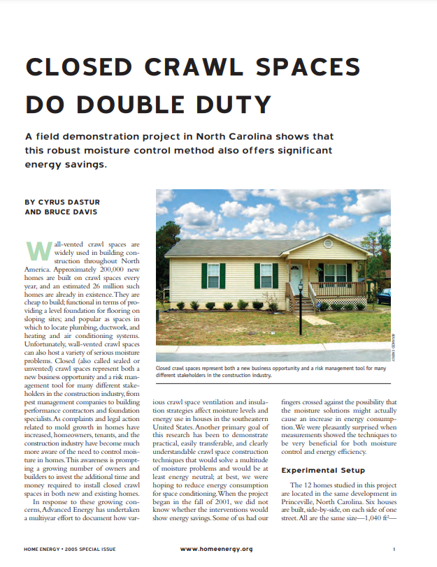 Small house with a closed crawl space. Text discusses moisture control and energy savings.