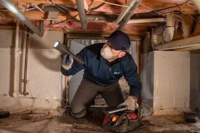 Worker inspecting a crawlspace with a flashlight and tool under exposed floor joists
