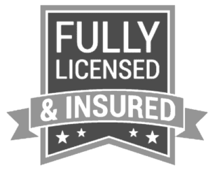 Gray badge reading “Fully Licensed & Insured” with stars and ribbon accents.