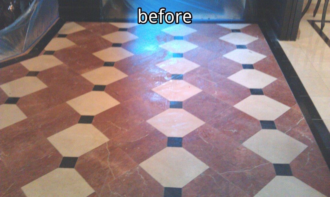 Before: Diamond pattern floor with brown and cream tiles