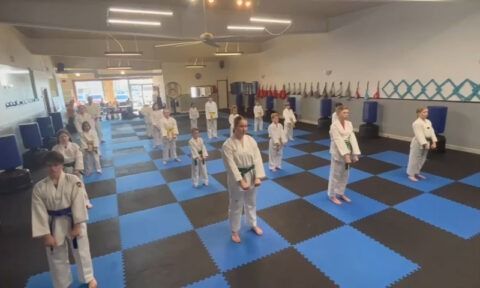 People in martial arts uniforms stand at attention in a dojo with blue and black mats.