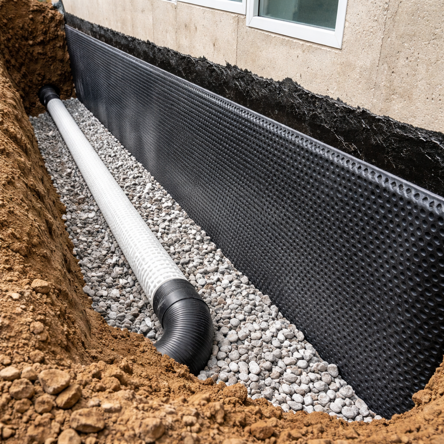 A foundation drainage system with a perforated pipe resting on gravel alongside a black dimpled membrane wall.