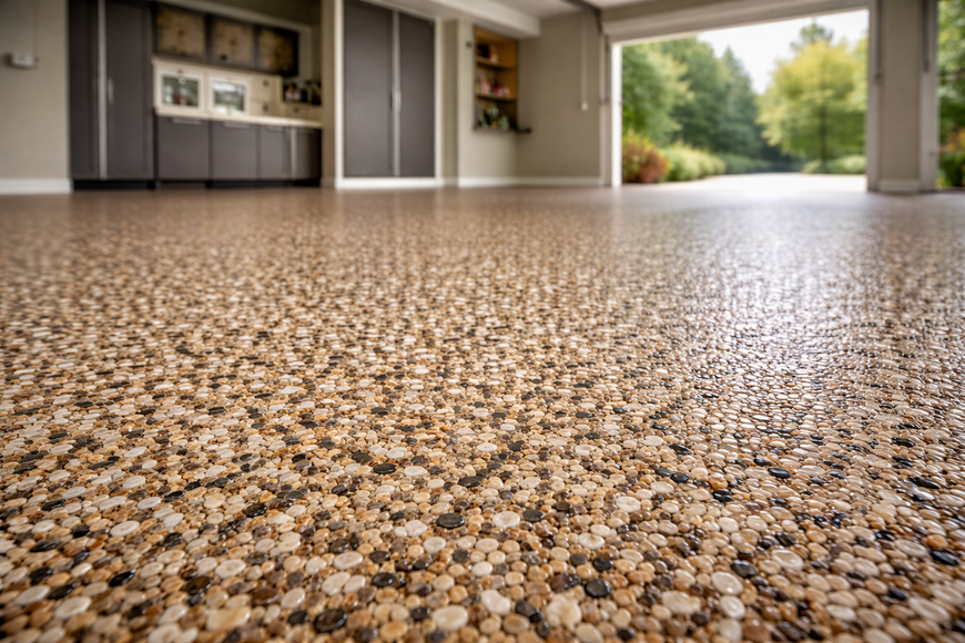 A garage floor with a multi-colored epoxy pebble finish, leading out to a driveway and green trees.