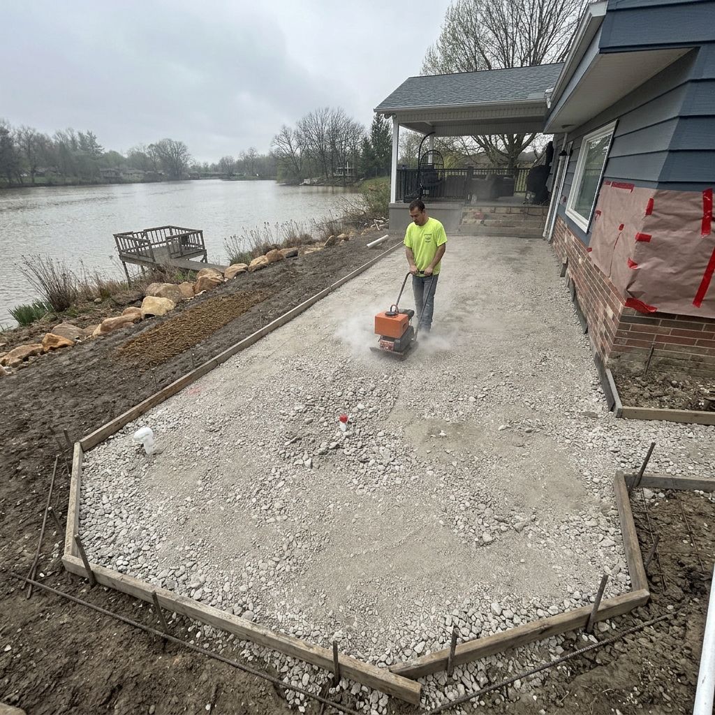 A person operates a plate compactor to flatten a gravel base for a patio alongside a lake and house.