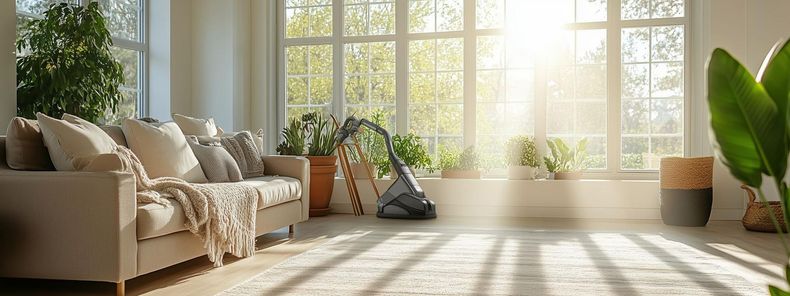 Bright living room with a beige sofa, large windows, plants, and sunlight streaming in.