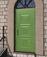 porta da esterno verde chiara con portico e pannelli in vetro